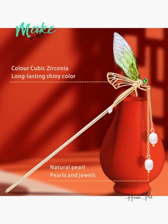 14k Gold Plated Copper Handcrafted Dragonfly Tassel Hair Stick Hair Clip